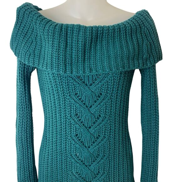 Bebe Cable-Knit Tunic Top Sweater Y2K Off-The-Shoulder Long Sleeves Teal Medium - Picture 4 of 13